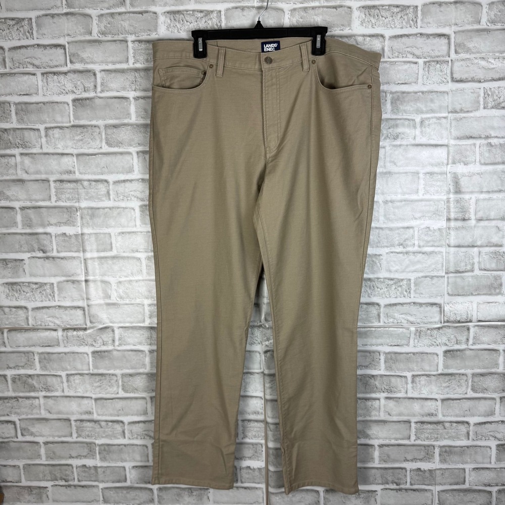 Lands End Mens Knit Twill 5 Pocket Pants Tan Khaki Straight Leg 40 x 32 NEW